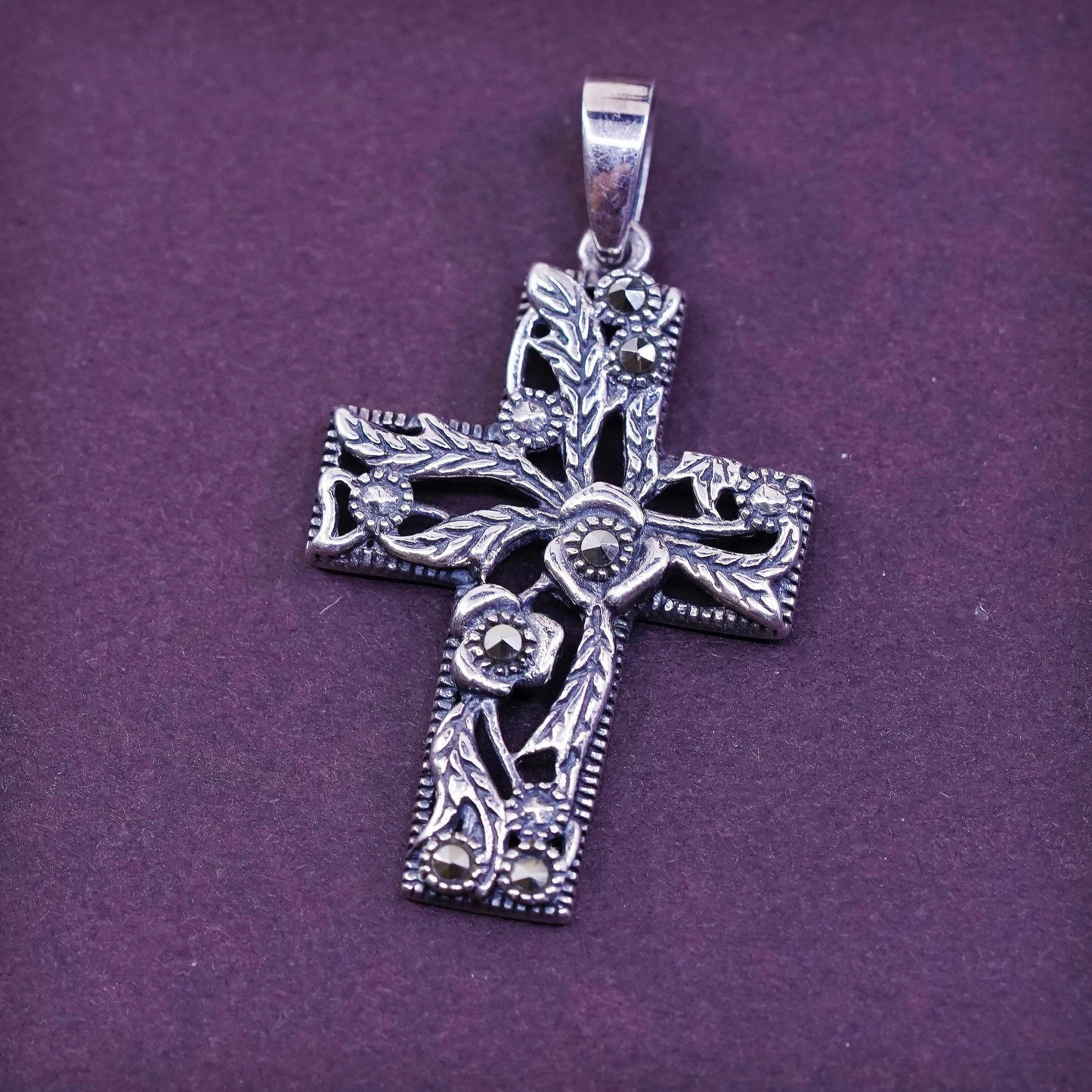 Sterling silver handmade pendant, 925 cross w/ marcasite details
