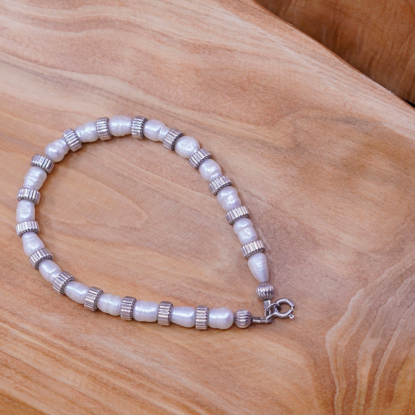 7.5”, vtg Sterling silver handmade bracelet, freshwater pearl with 925 beads