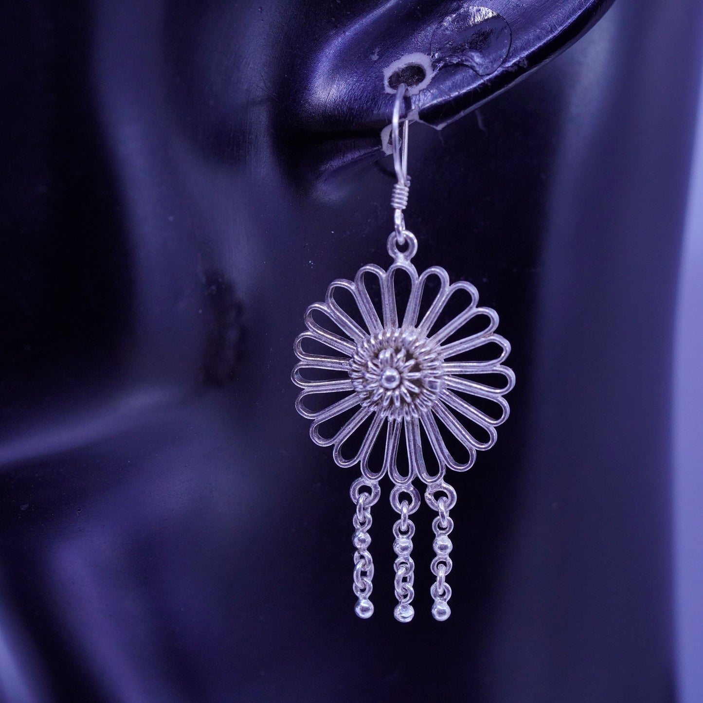 Vintage Sterling 925 silver handmade filigree flower earrings, stamped 925