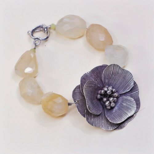 6”, Vtg Antique Sterling 925 Silver Handmade Flower W/ Citrine Nuggets Chain