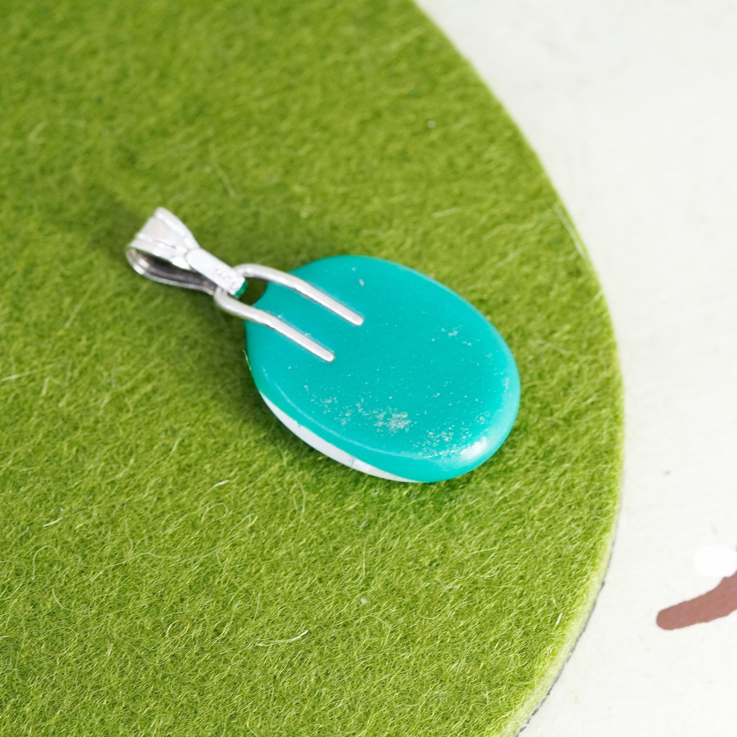Vintage sterling silver with artisan glass pendant, oval teal dichroic glass