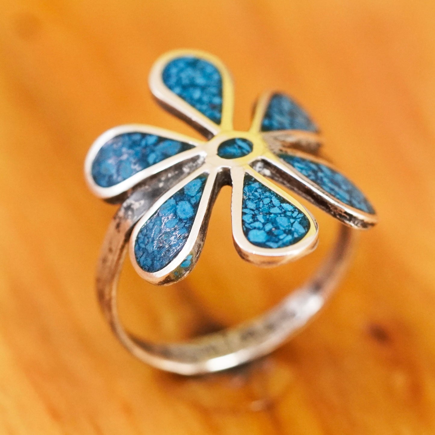Size 5.75, vintage Sterling silver ring, mexico 925 flower band with turquoise