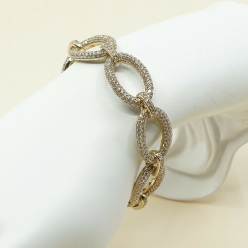 6.5”, Vintage Gold Over Sterling Oval Link Bracelet W/ Cluster Crystal, 925