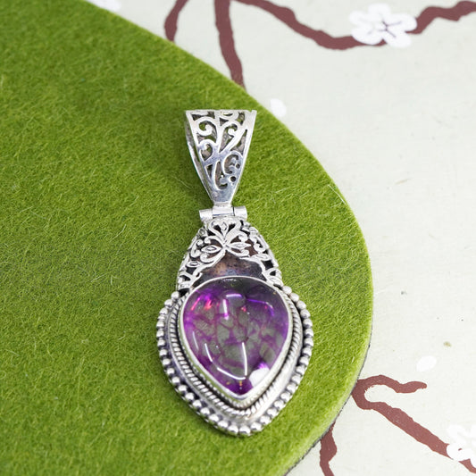 Vintage handmade sterling 925 silver filigree pendant teardrop rutilated quartz