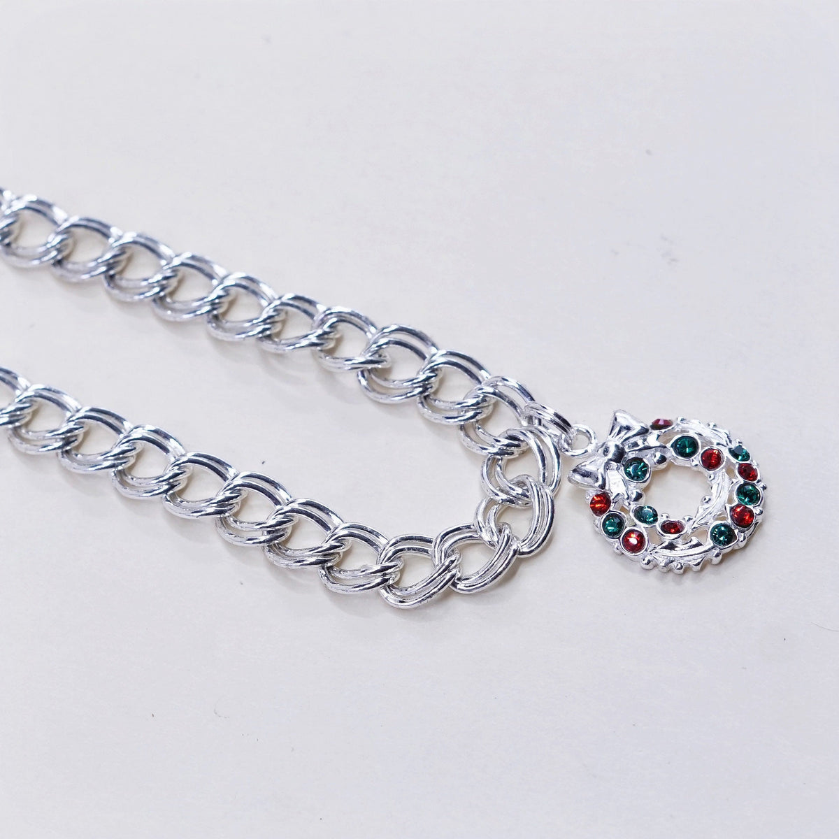 9.5”, sterling silver double curb bracelet anklet, italy 925 w/ wreath charm
