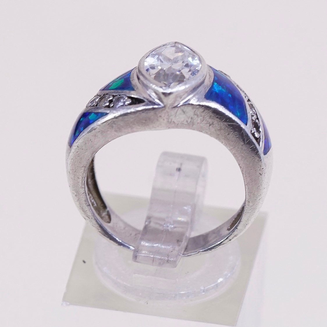 sz 5.75,vtg Sterling silver handmade ring, 925 band w/ fire opal n marquise cz