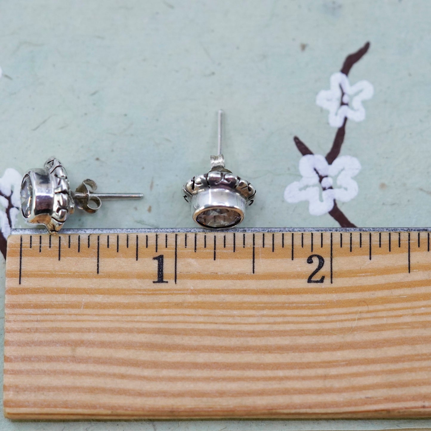 Vintage mexico sterling silver handmade square clear CZ studs, 925 earrings