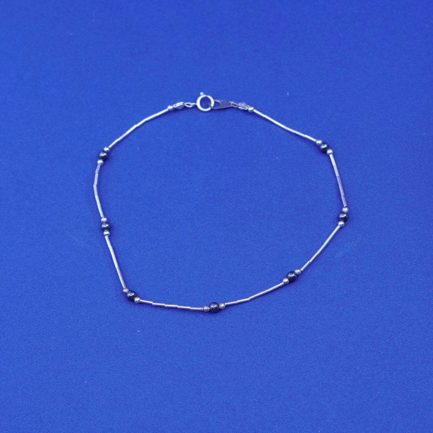 9.5”, sterling bracelet, 925 liquid silver chain anklet with hematite beads