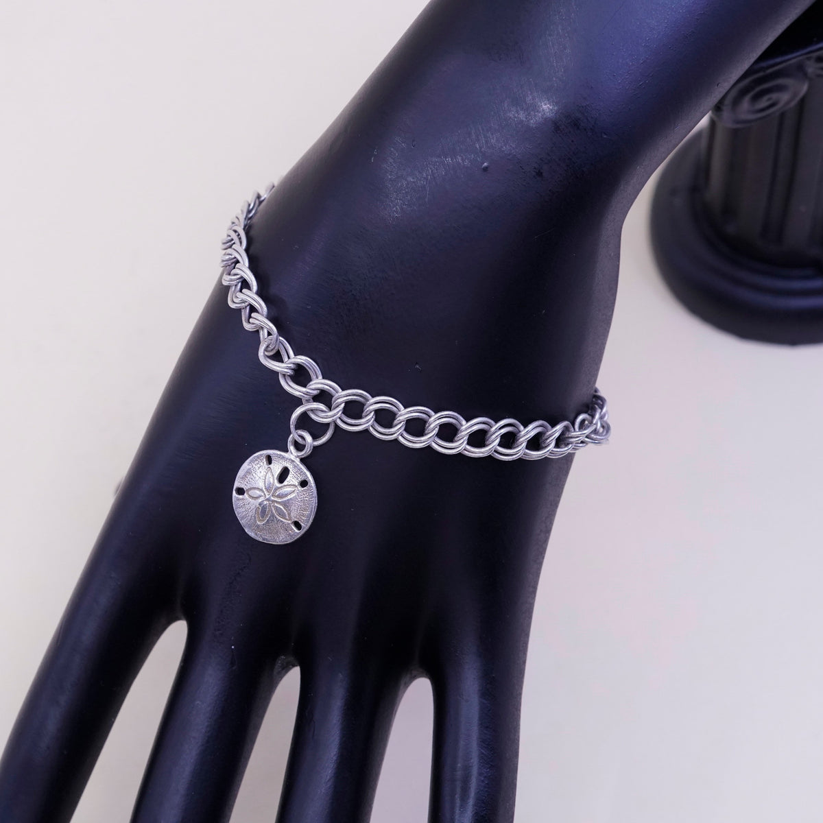 6.75”, sterling silver double curb chain, 925 bracelet w/ sand dollar charm