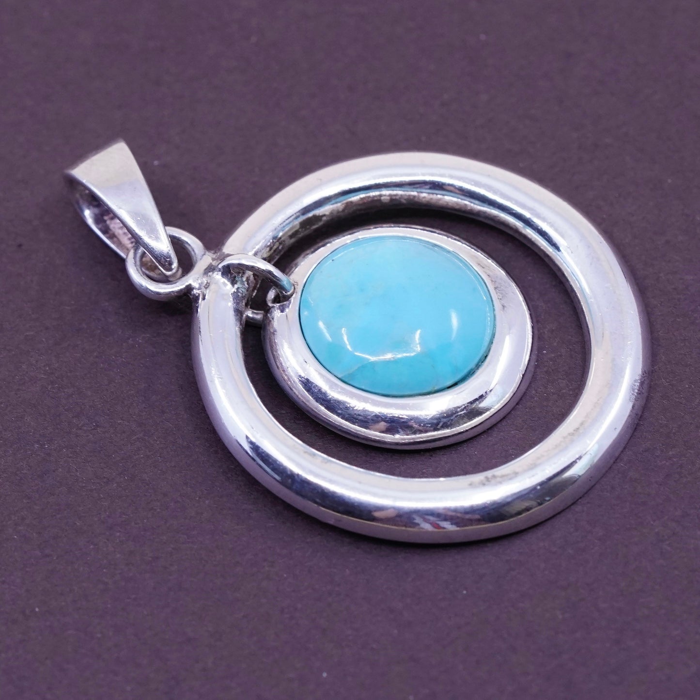 Vintage Sterling 925 silver handmade circle pendant with round turquoise