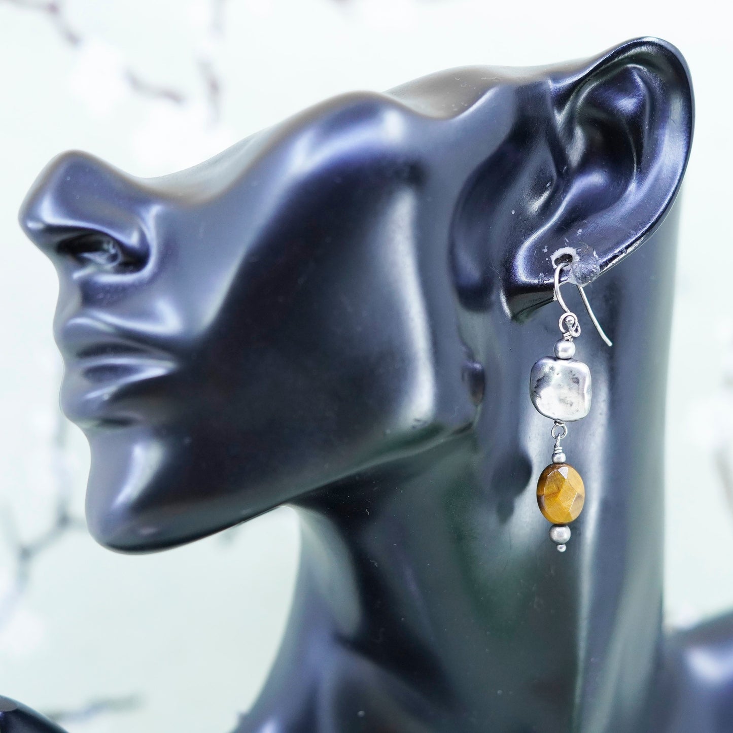 Vintage Sterling silver 925 handmade earrings, dangle with golden tiger eye