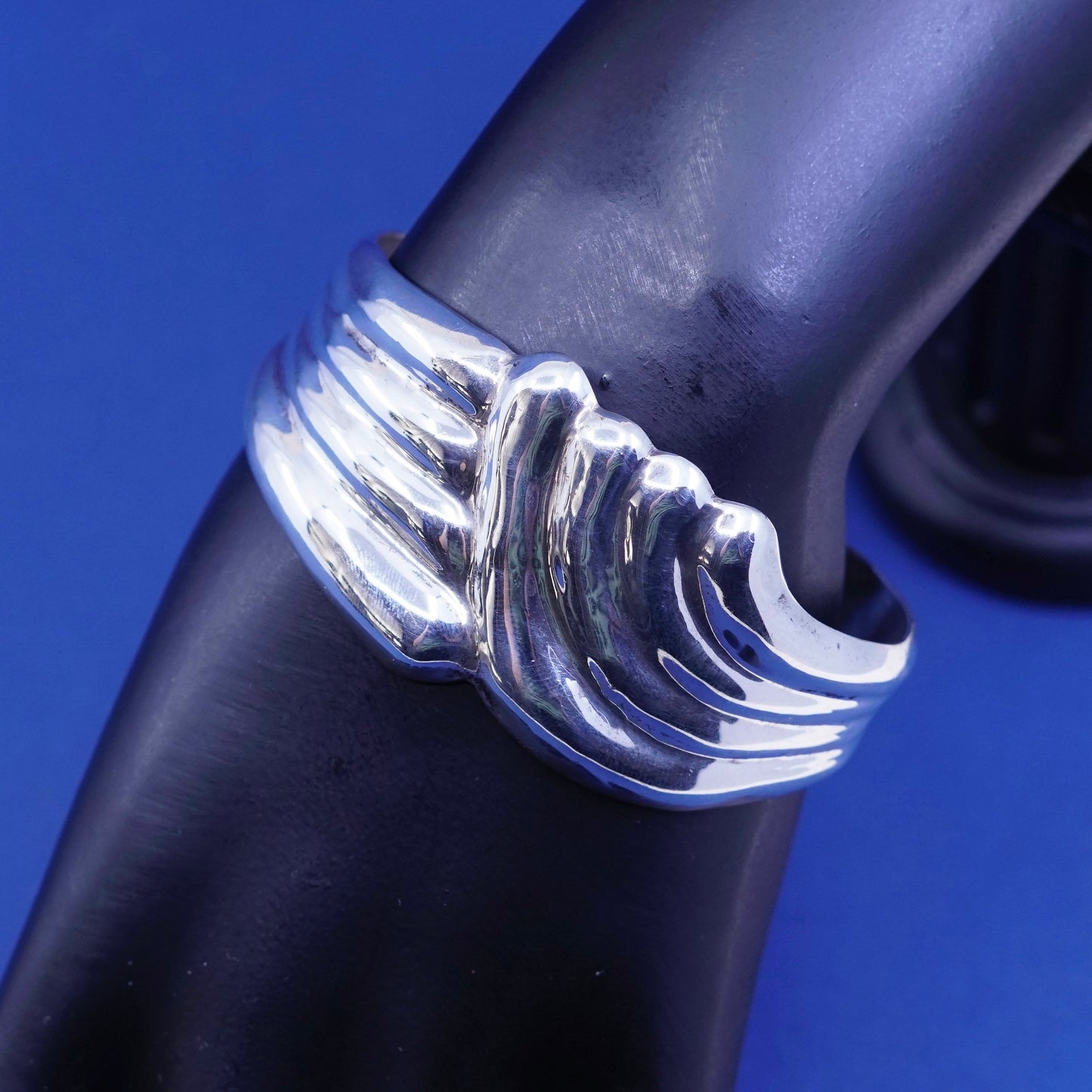 6.5”, vintage Sterling silver handmade bracelet, wide 925 ribbed wavy cuff