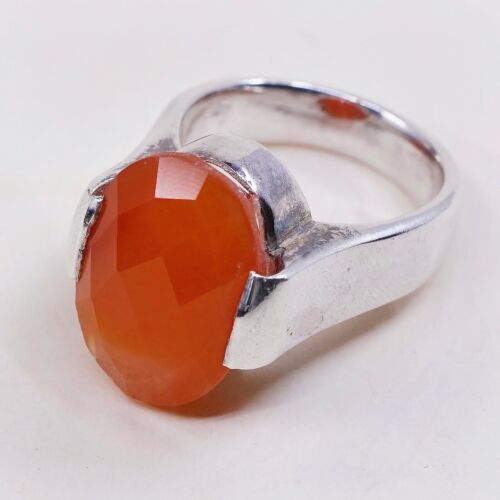 Sz 6.75, Vtg Sterling Silver Ring, 925 Statement Ring W/ Checker Cut Carnelian