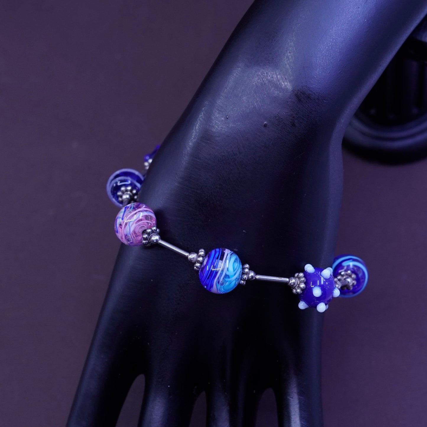 7.25”, vtg sterling 925 silver bar chain with blue artisan glass bead bracelet