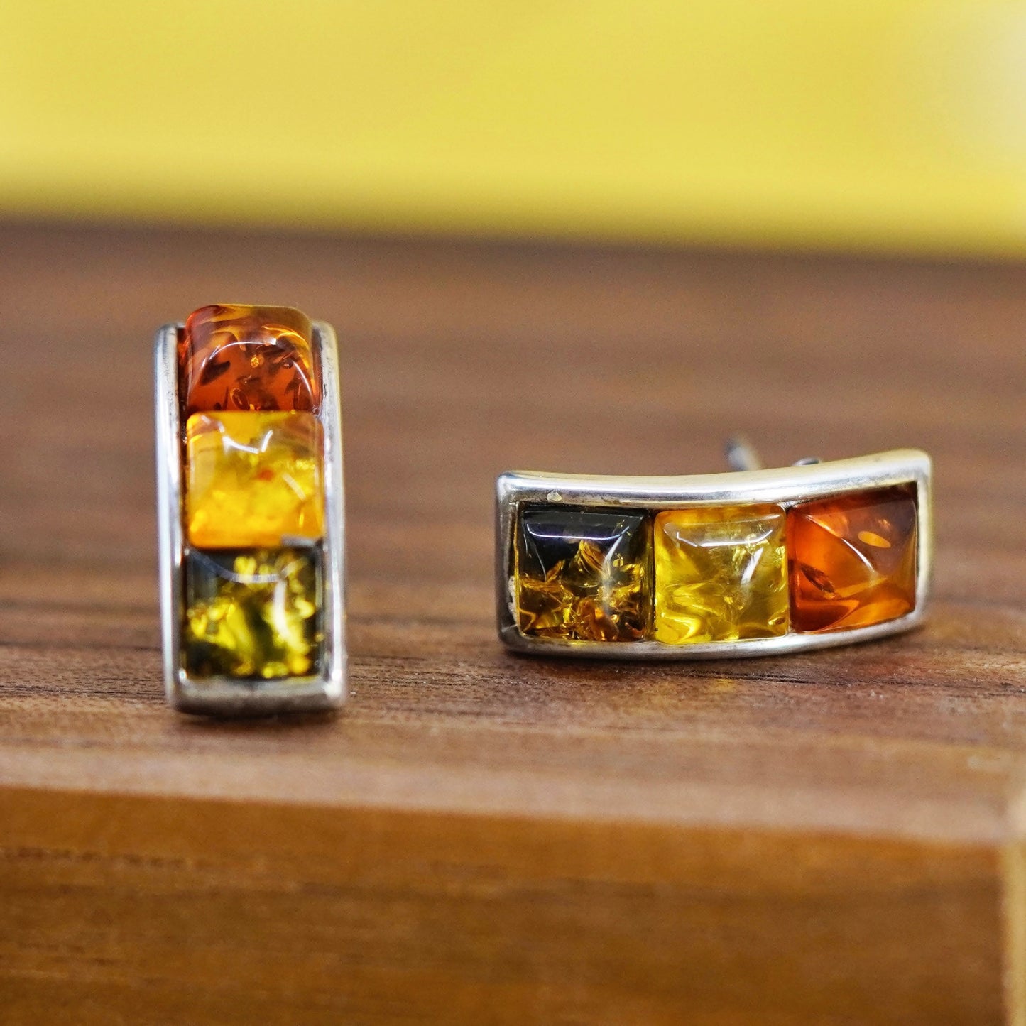 Vintage Sterling Silver Handmade earrings, 925 studs with amber, modernist