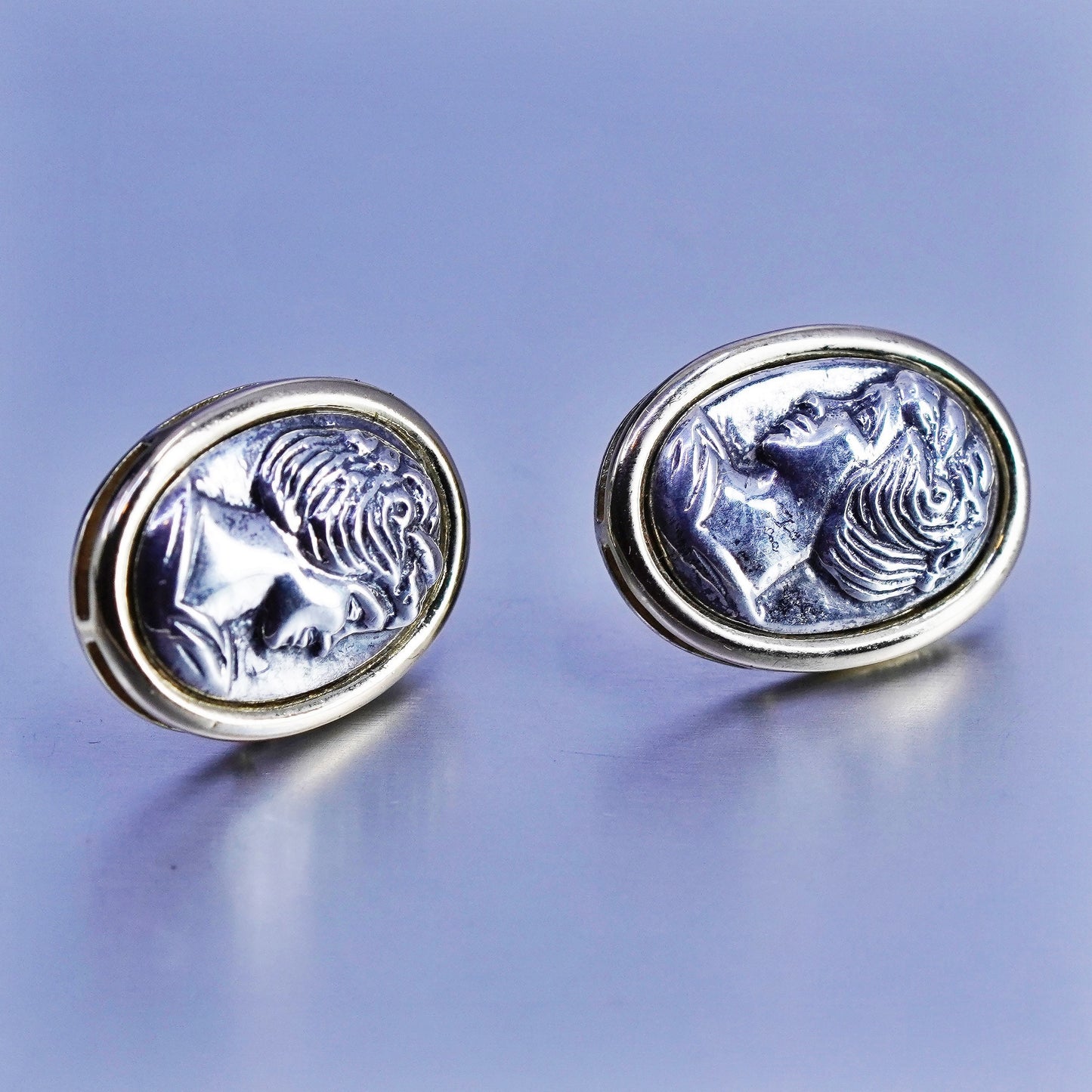 Vintage two tone Sterling 925 silver handmade earrings, lady Portrait studs