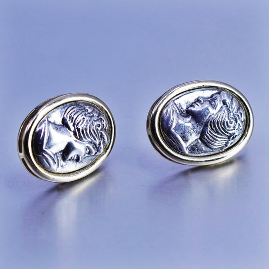 Vintage two tone Sterling 925 silver handmade earrings, lady Portrait studs