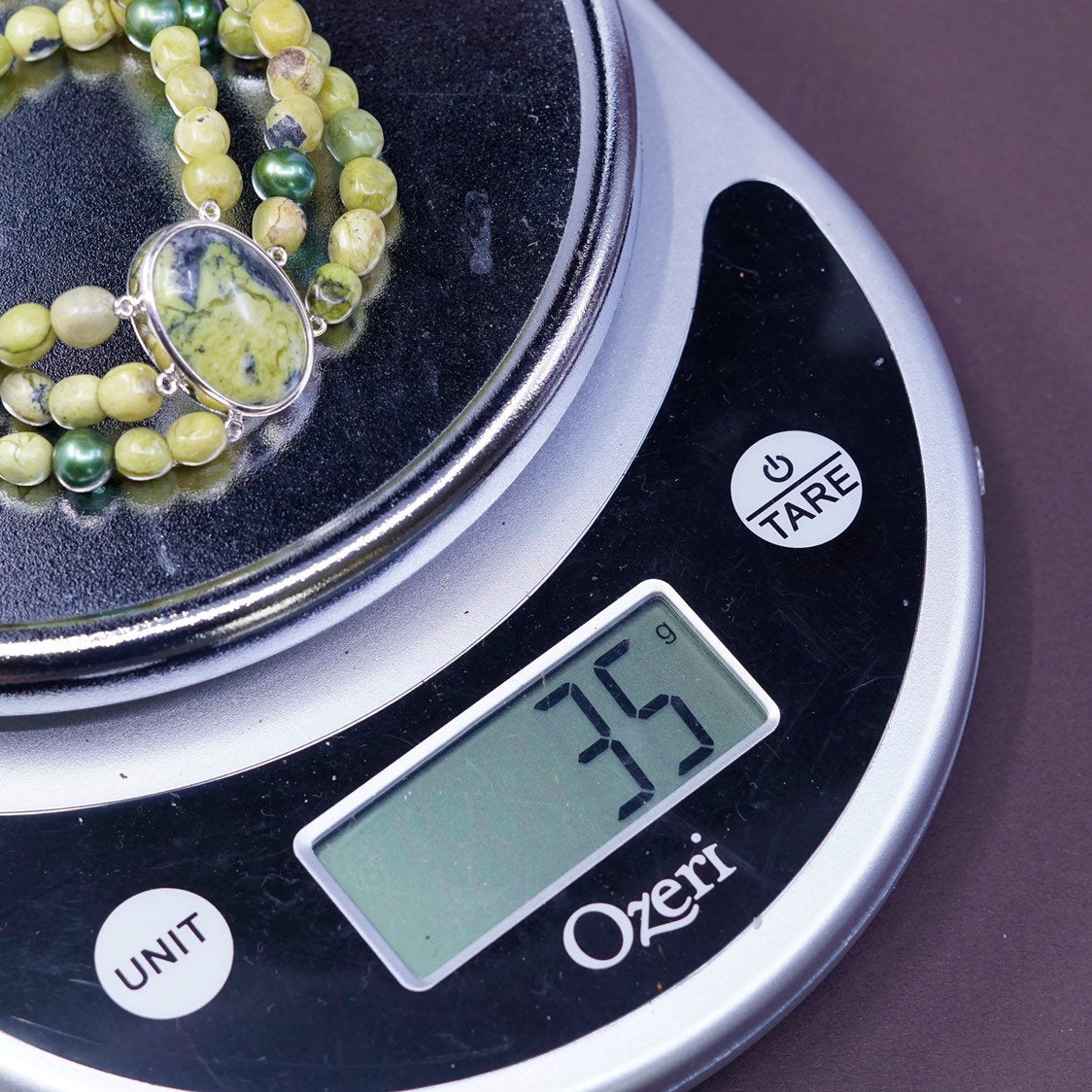 7” vtg sterling 925 silver handmade bracelet, green beads elastic band
