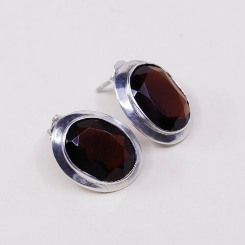 Vintage Modern Sterling Silver Handmade Earrings, 925 Silver Oval Studs W/ Ruby