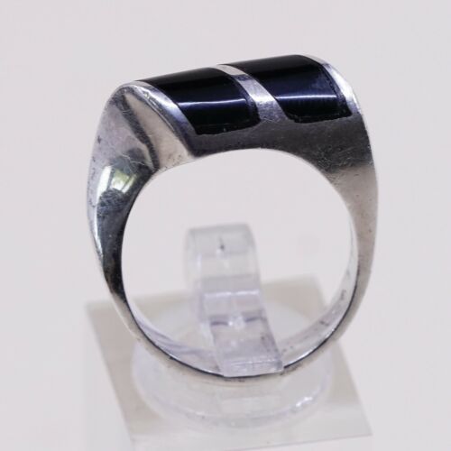 Sz 8, Vtg Sterling Silver Handmade Ring, Mexico 925 Modern Band W Obsidian Inlay