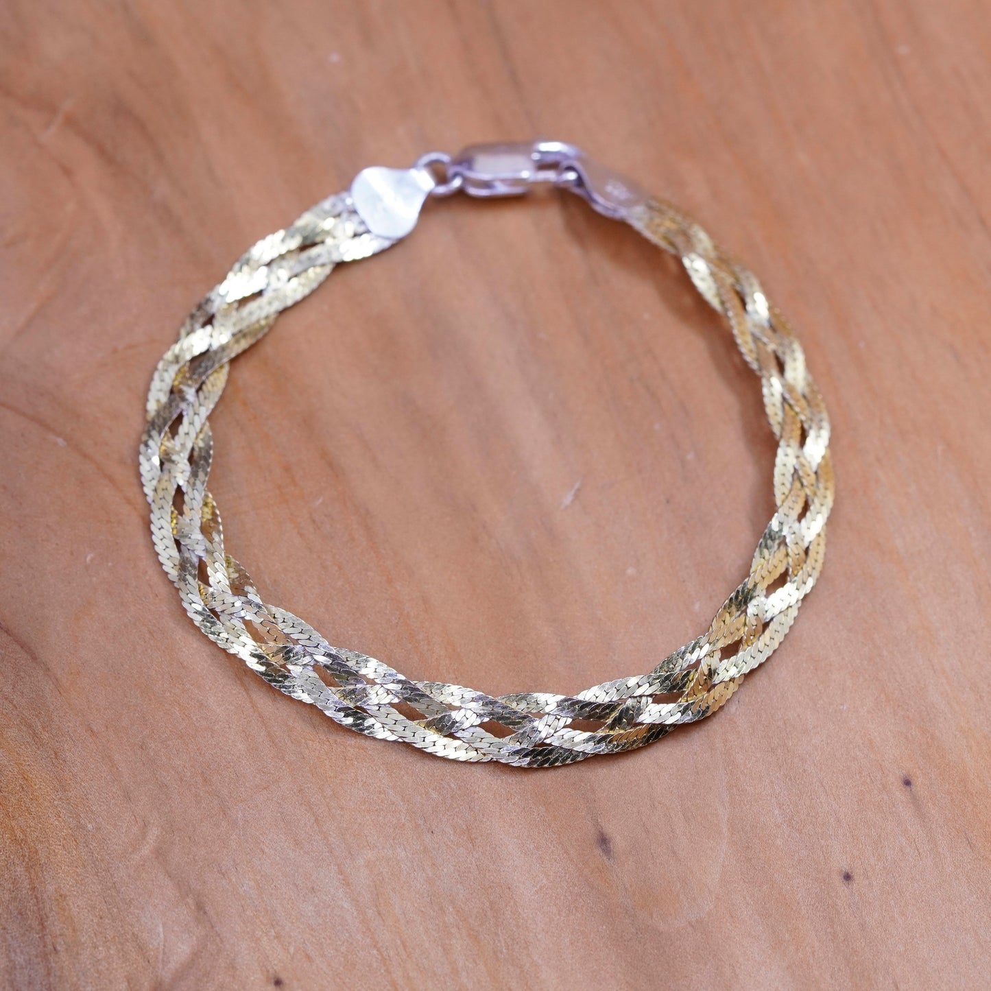 7.25”, vermeil gold over Sterling silver braided woven herringbone bracelet