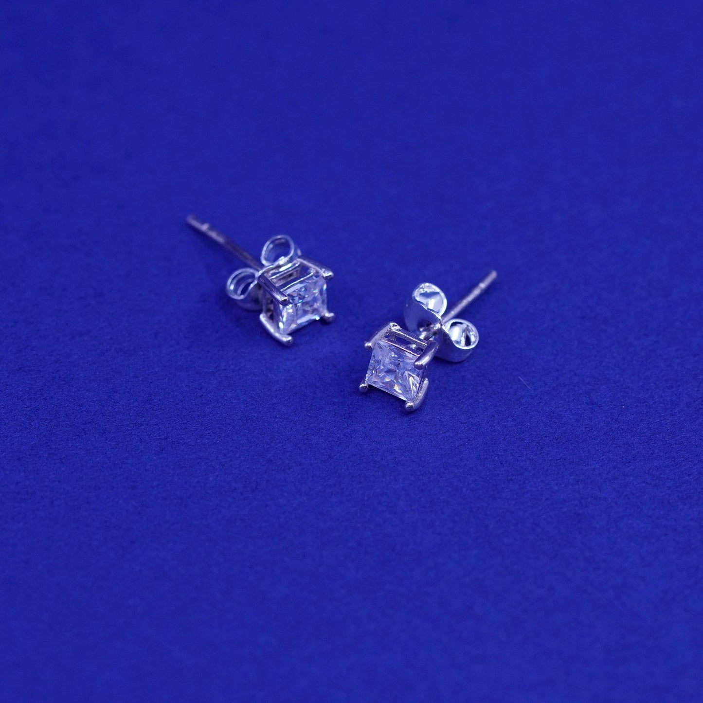 4mm, Vintage sterling silver handmade earrings, square 925 studs with CZ