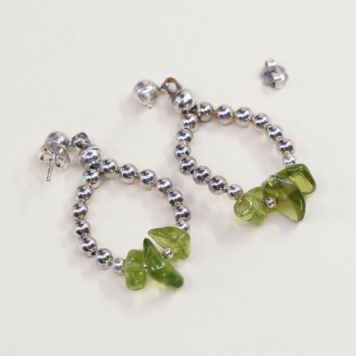 Vtg Mexico Sterling Silver Handmade Earrings, 925 Dangles W Peridot Beads