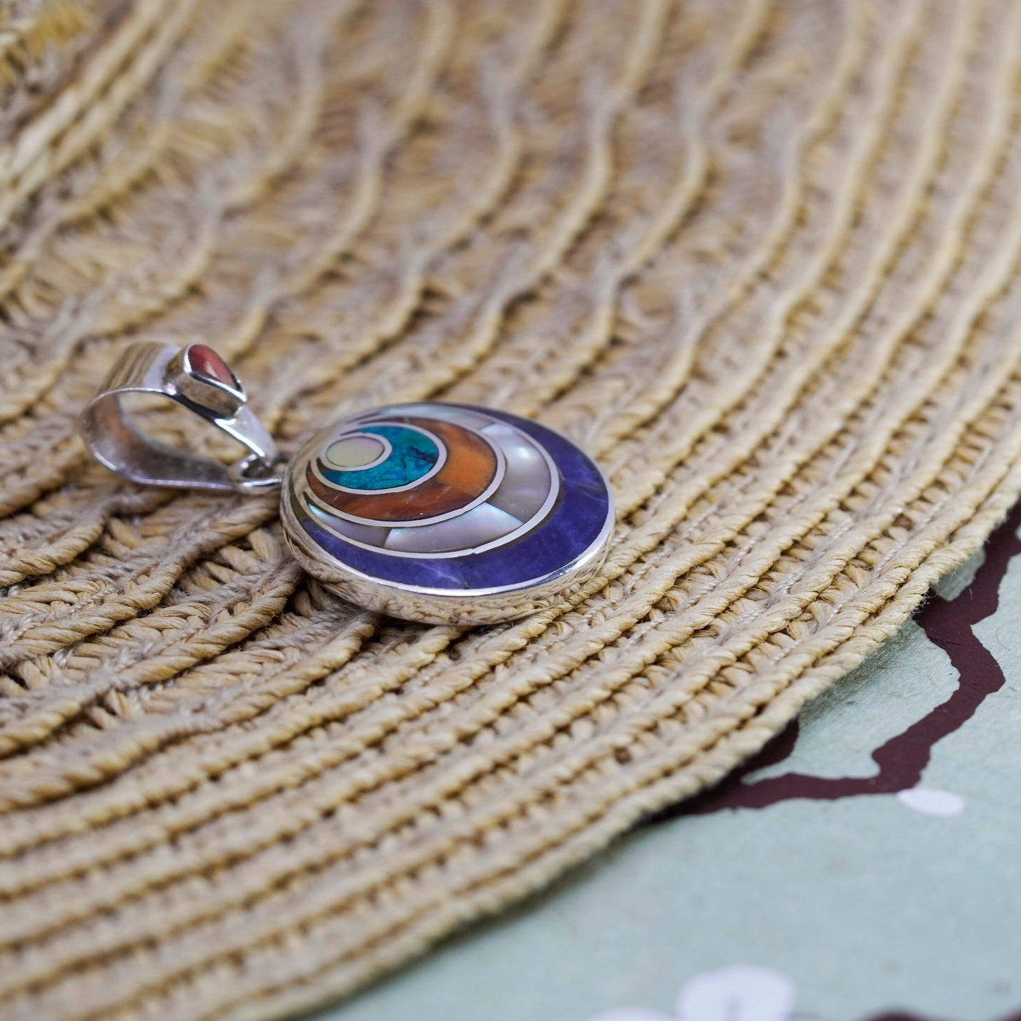 Vintage Sterling 950 pendant, Peruvian Inca silver turquoise, MOP carol pyramid