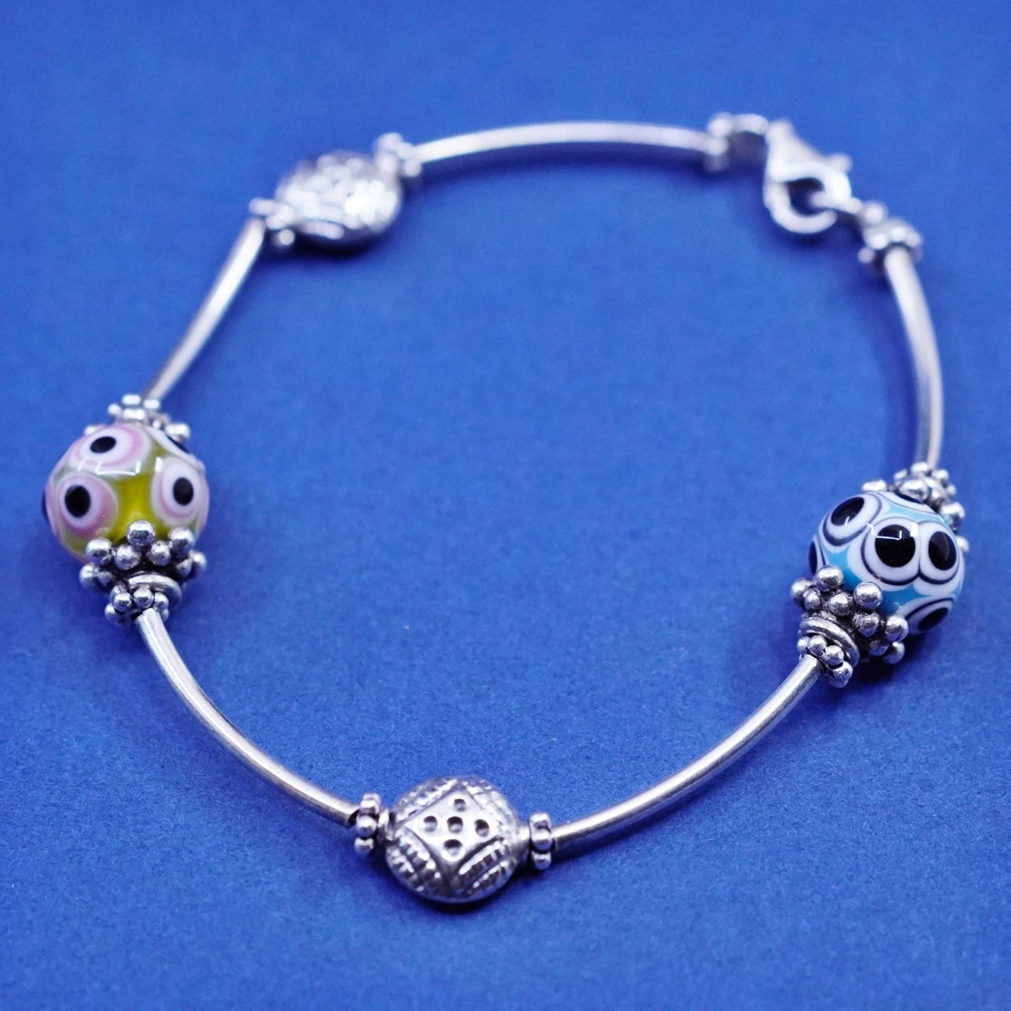 6.75”, vintage Sterling silver handmade bracelet, 925 bar tube w/ crystal beads