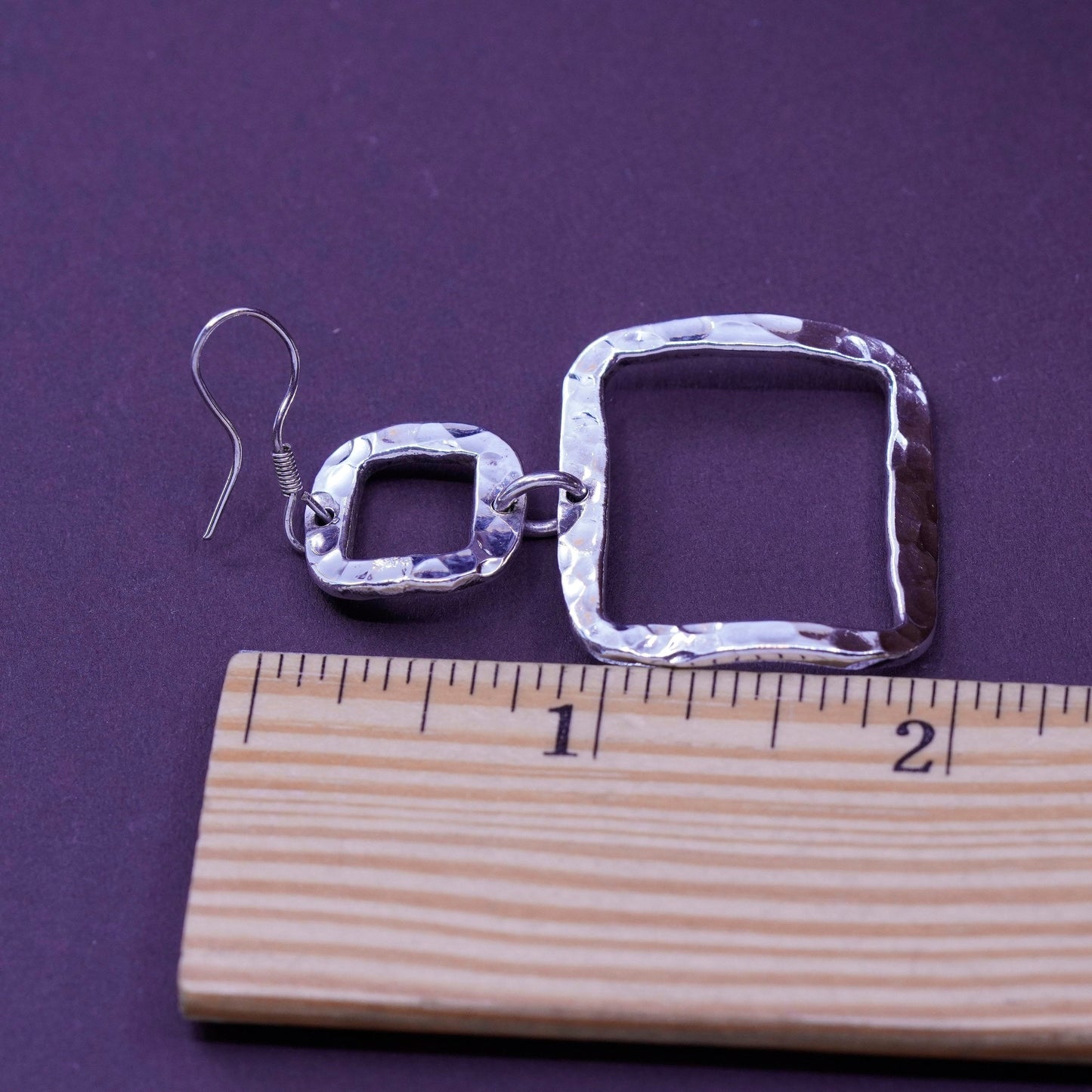 Vintage Mexico Sterling silver handmade earrings, 925 Hammered square dangles