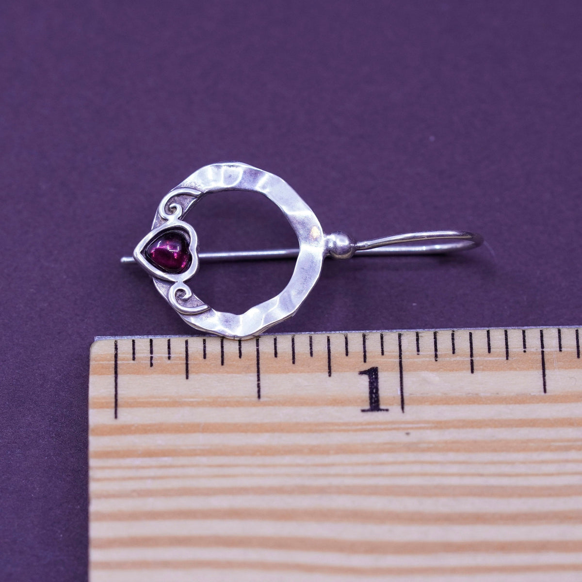 Israel wax casting Sterling silver handmade earrings, 925 hoops heart garnet