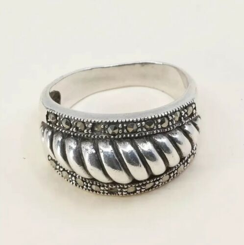 Size 7, Vtg Sterling Silver Handmade Ribbed Ring, 925 Silver Band W/ Marcasite