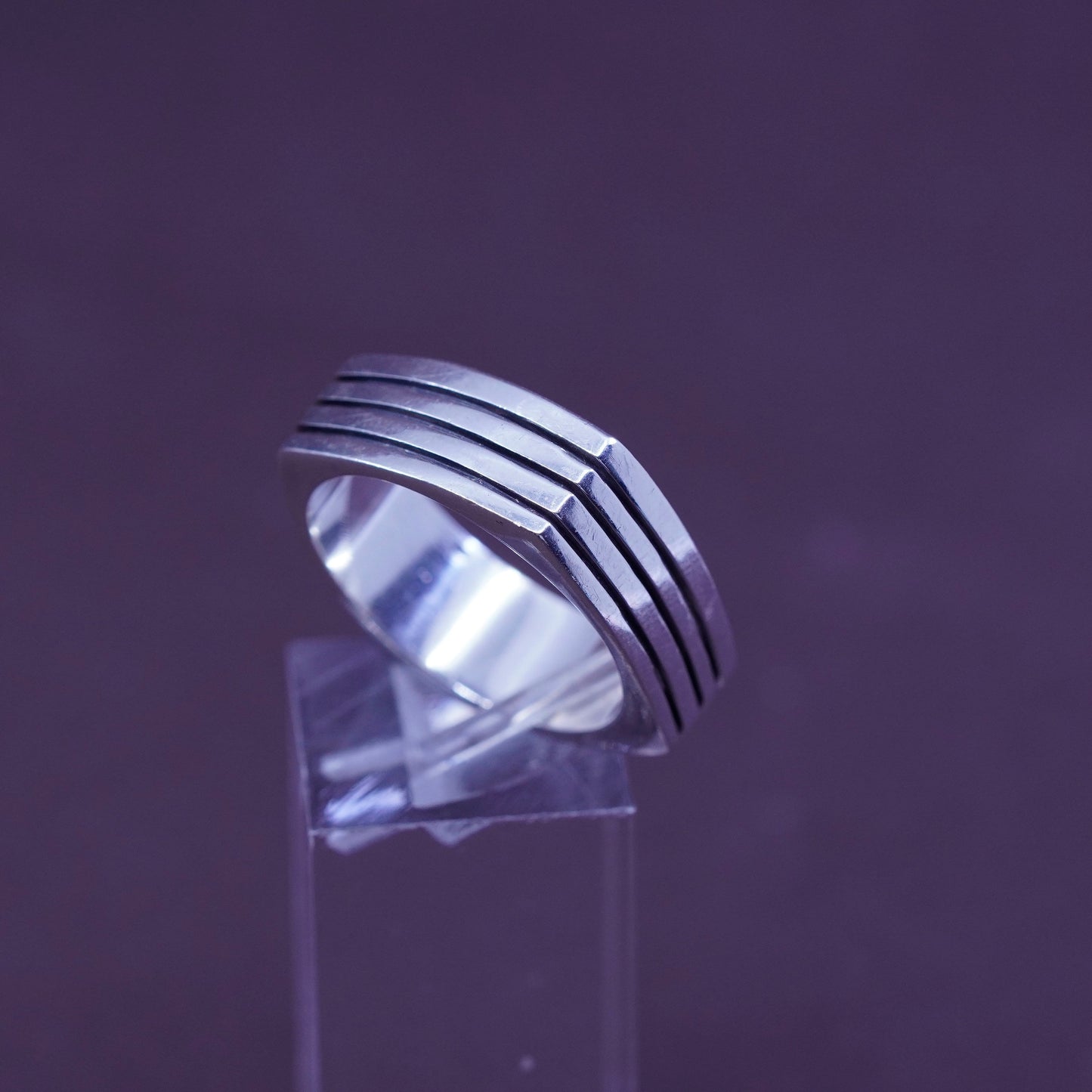 Size 11, Sterling silver handmade square ring, 925 ribbed band, modernist