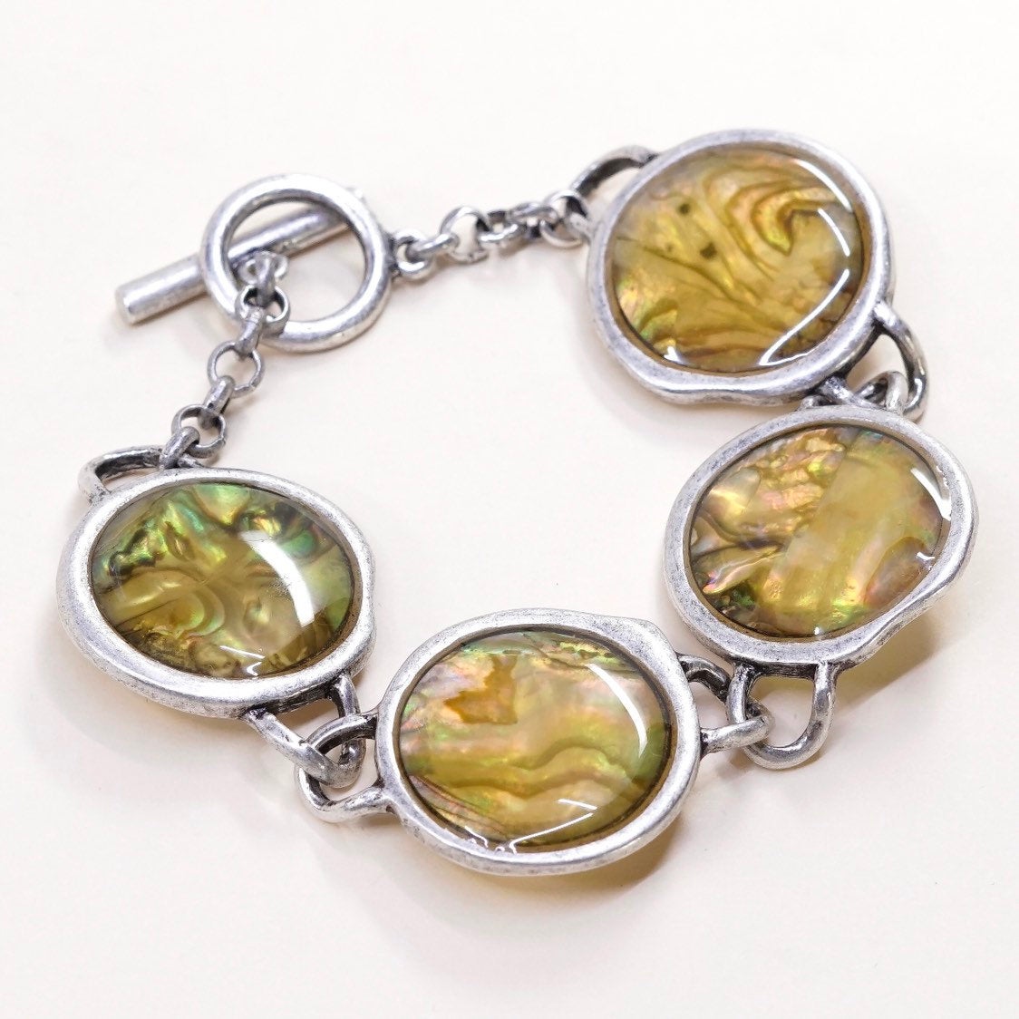6.75”, VTG sterling silver handmade bracelet, 925 toggle closure w/ abalone