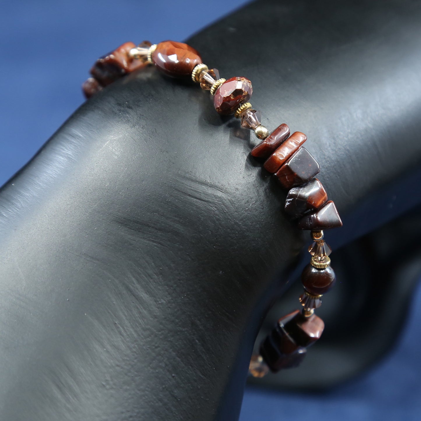 6.5", Sterling silver handmade heads bracelet, 925 w/ red jasper beads