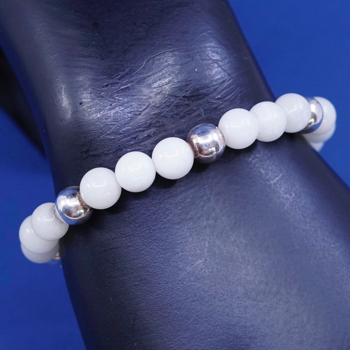 6.5", 7mm, vtg milor Sterling 925 Silver Handmade Bracelet w/ white quartz