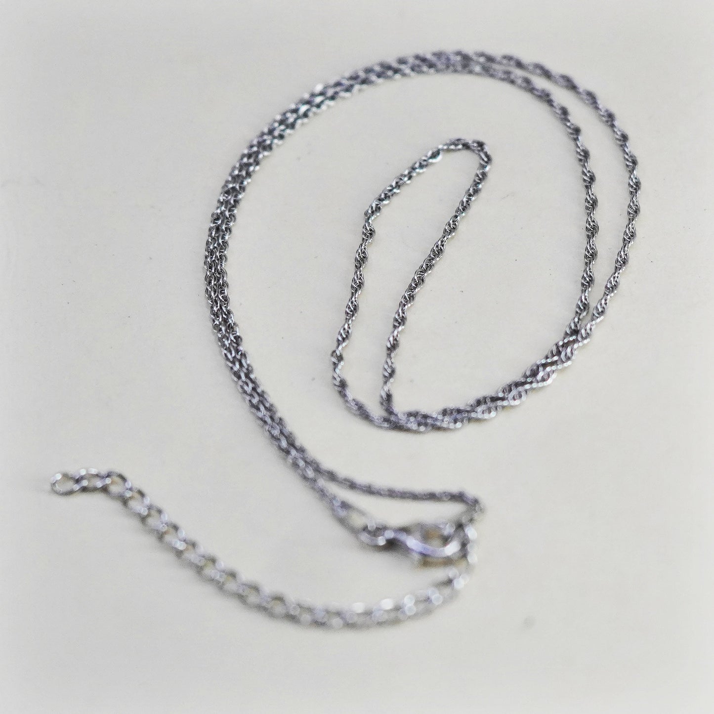 16+2” 1mm, vintage Italy sterling silver necklace, 925 Singapore rope chain