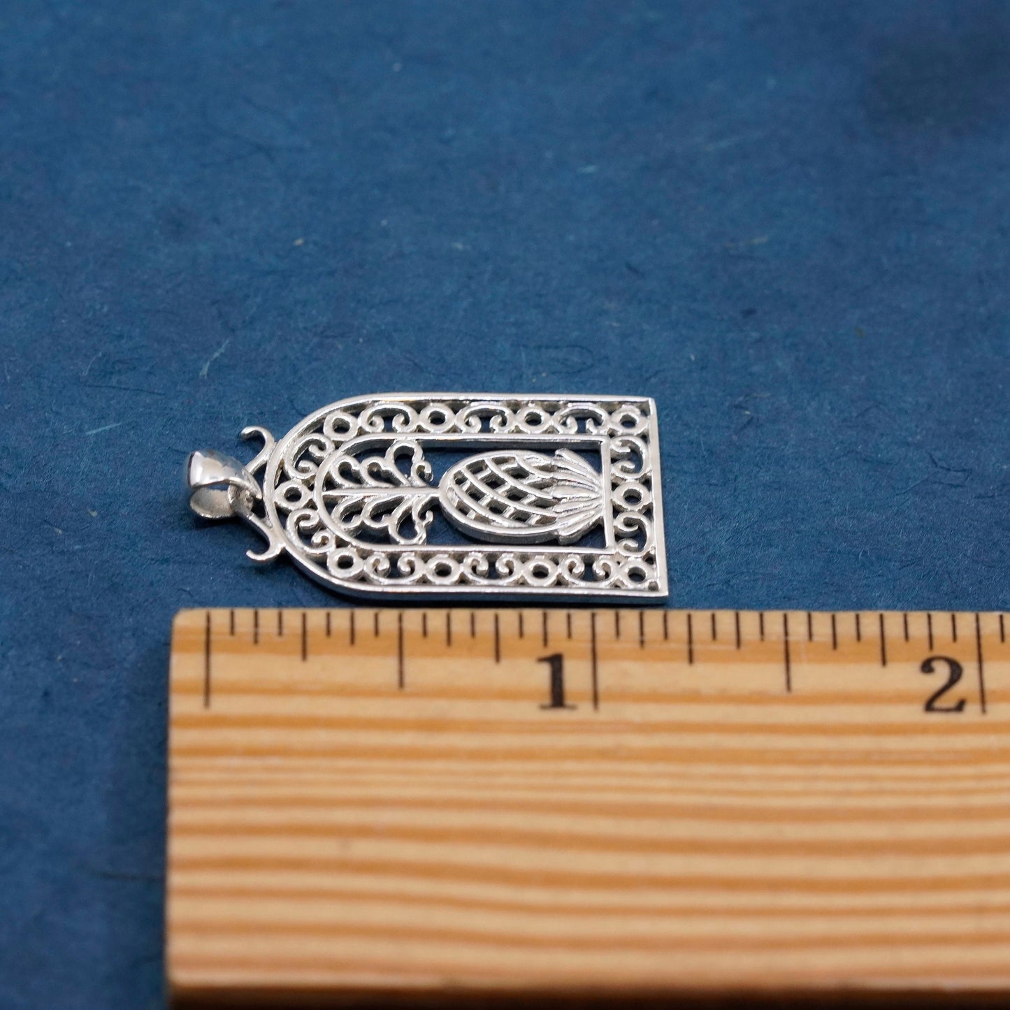 Vintage sterling 925 silver handmade pendant, filigree pine apple charm