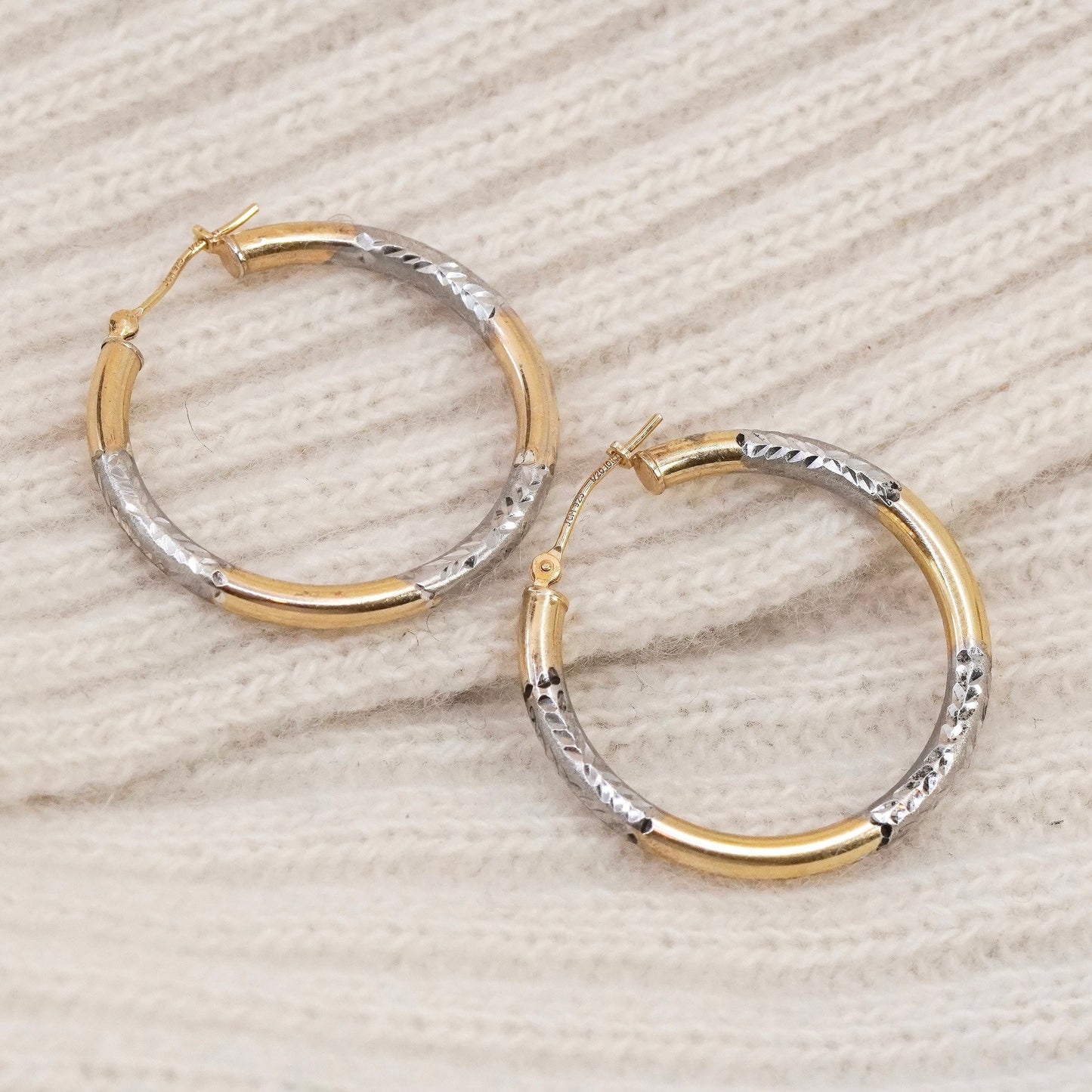 1.25”, Vintage vermeil 1/20 10K gold sterling silver earrings, textured hoops