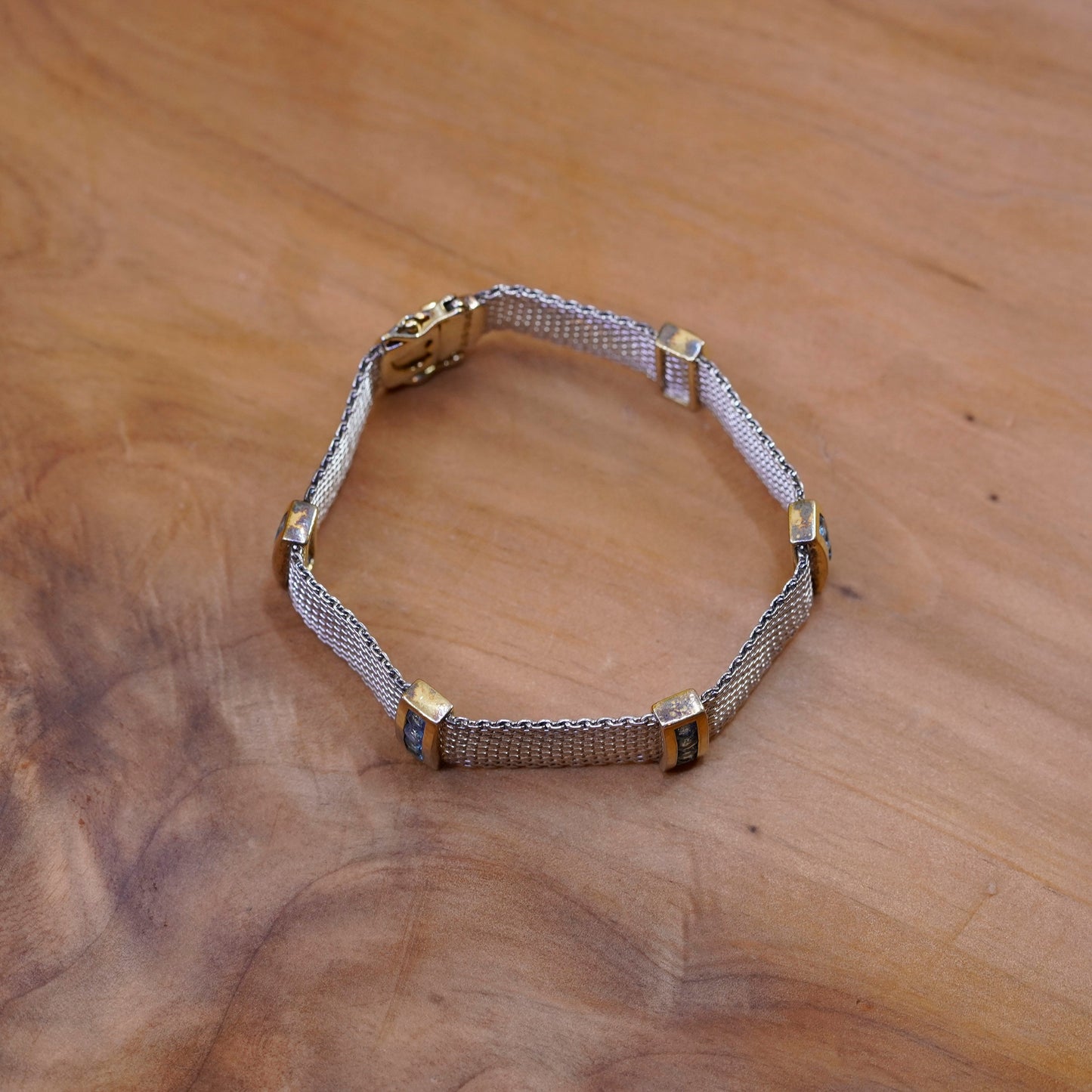 7”, Vintage two tone Sterling 925 silver handmade bracelet, mesh chain topaz