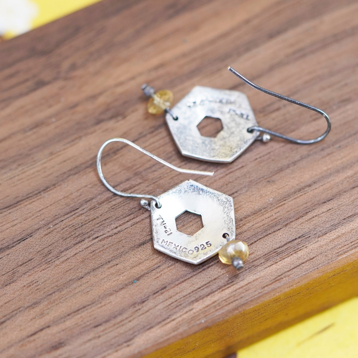 Vintage sterling 925 silver handmade honeycomb earrings with citrine