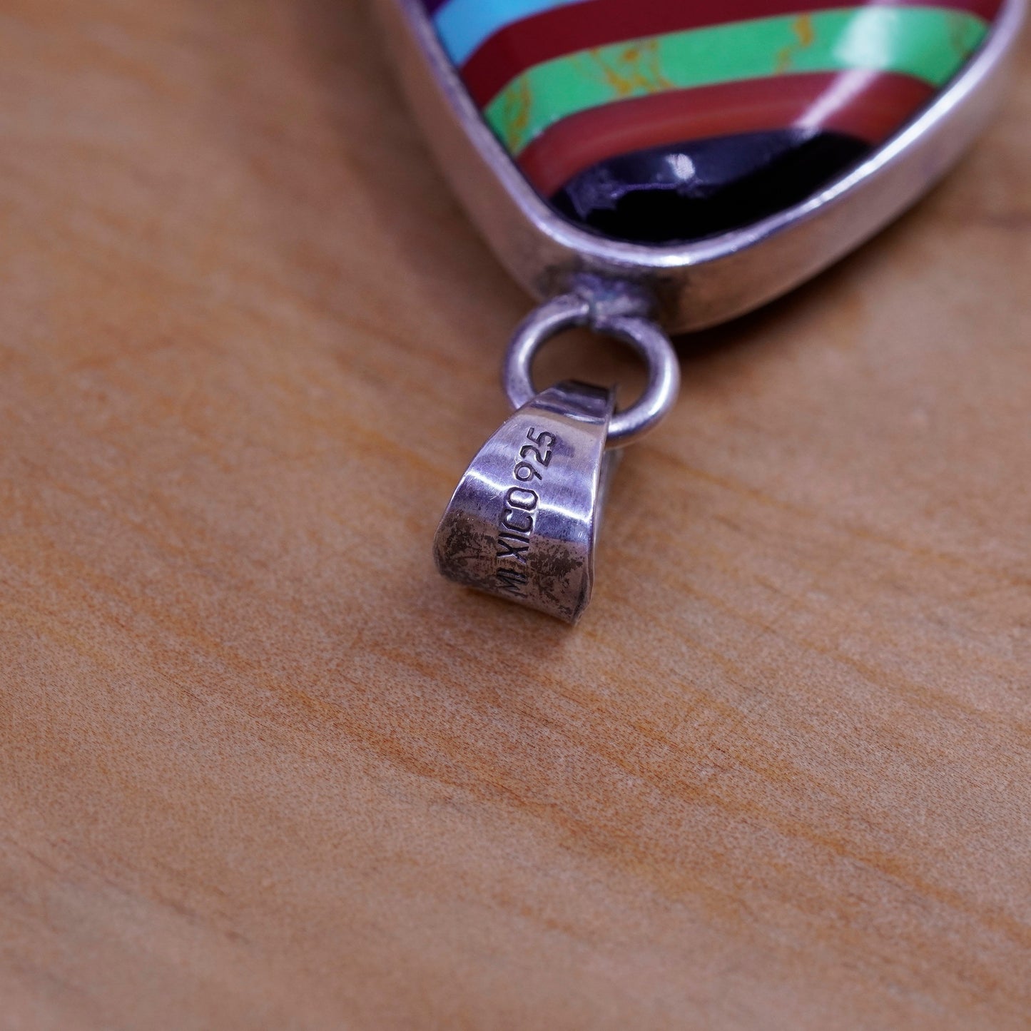 Vintage Mexico Sterling 925 silver handmade pendant turquoise malachite jasper