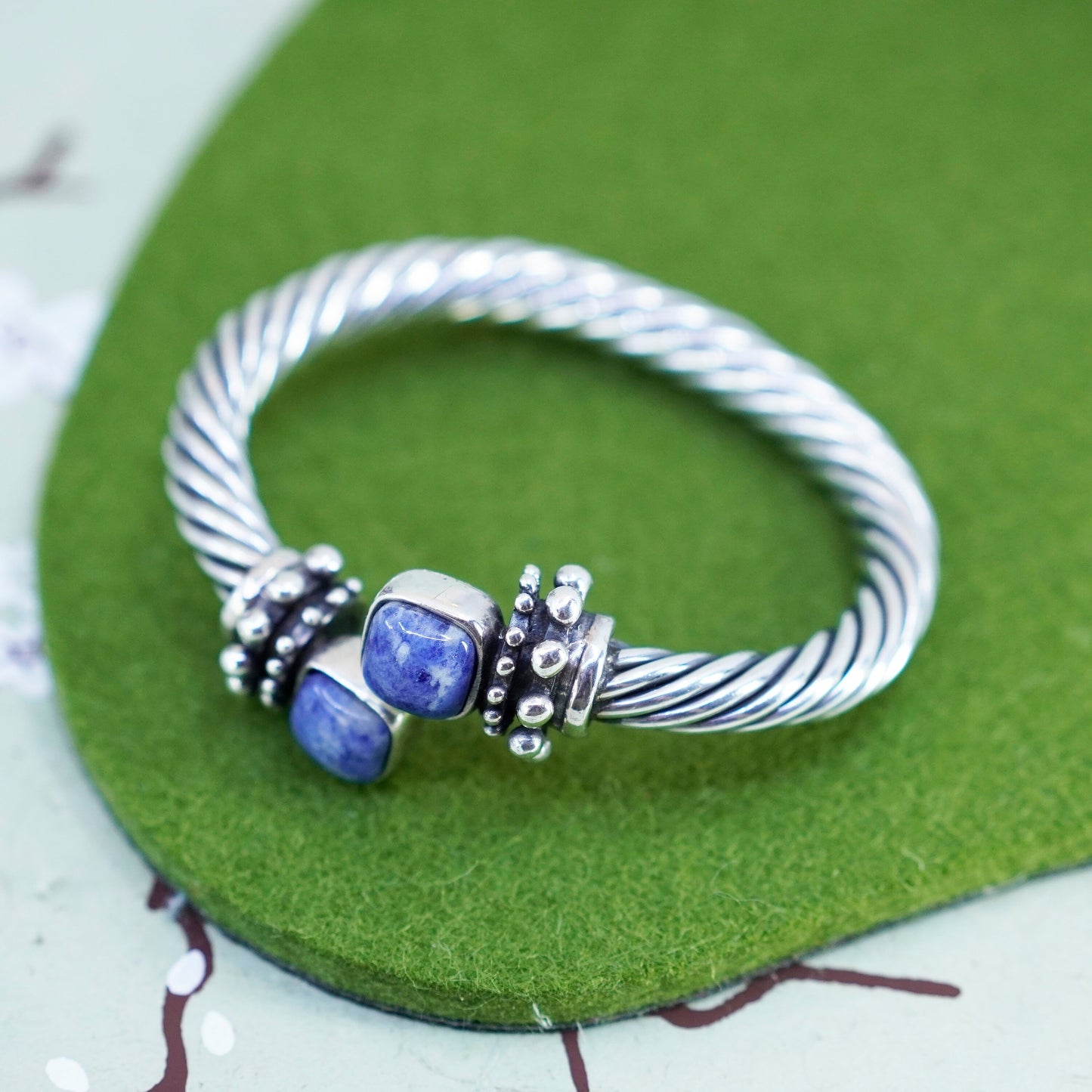 6”, vintage Sterling silver bracelet, handmade 925 cable cuff with sodalite