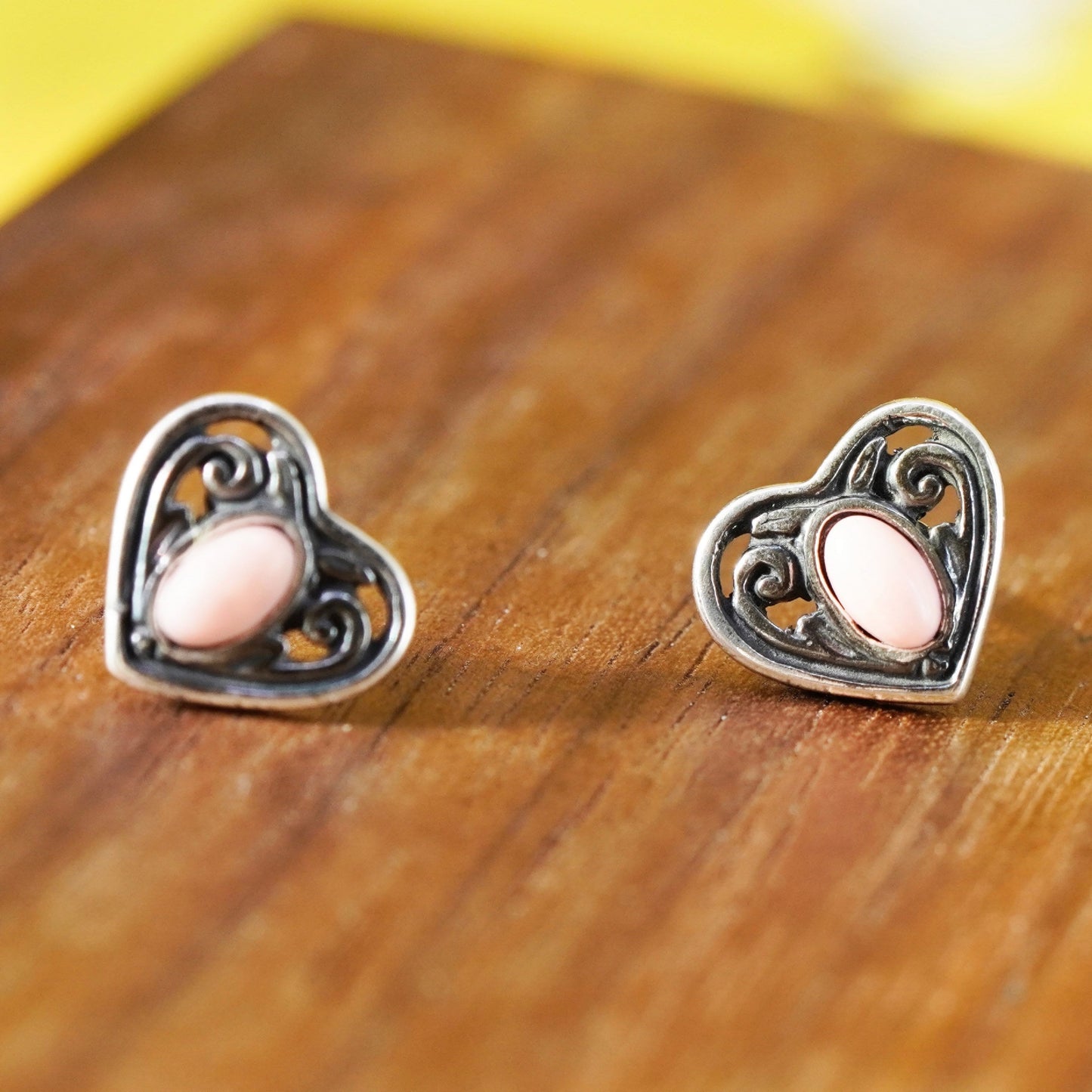 Vintage Sterling silver handmade earrings, 925 heart studs with pink cats eye