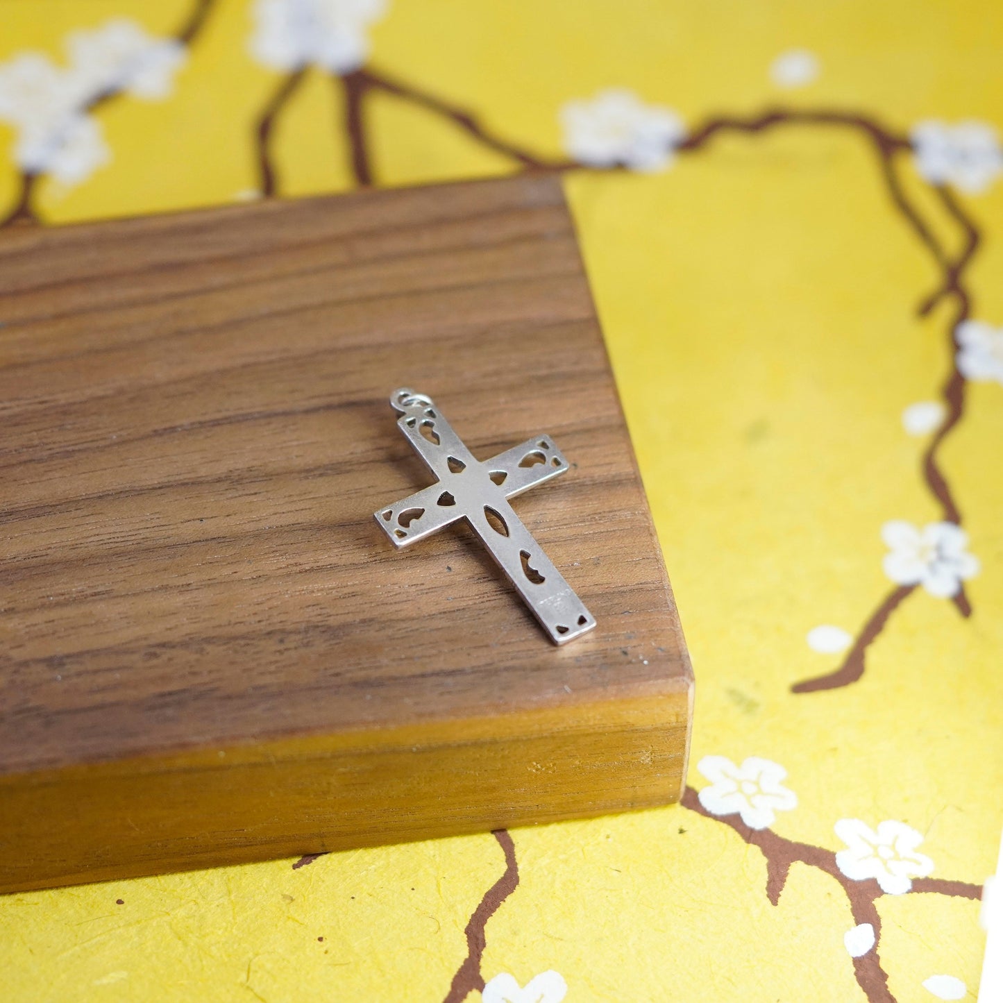Vintage Sterling silver handmade pendant, filigree 925 cross charm with diamond