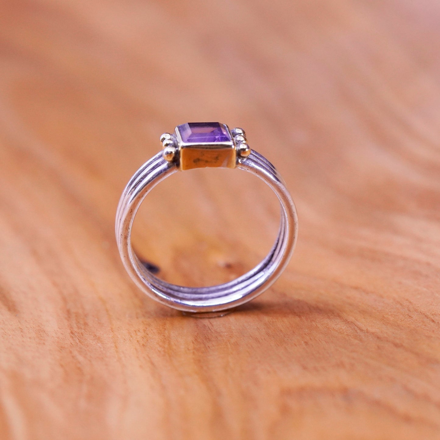 Size 9, 14K yellow gold Sterling silver ring stackable 925 ribbed band amethyst