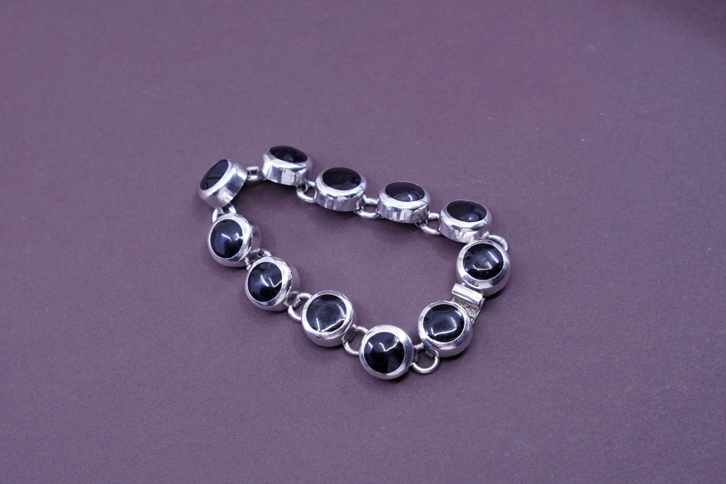 7.25”, vtg Sterling silver handmade bracelet, Mexico 925 with round obsidian