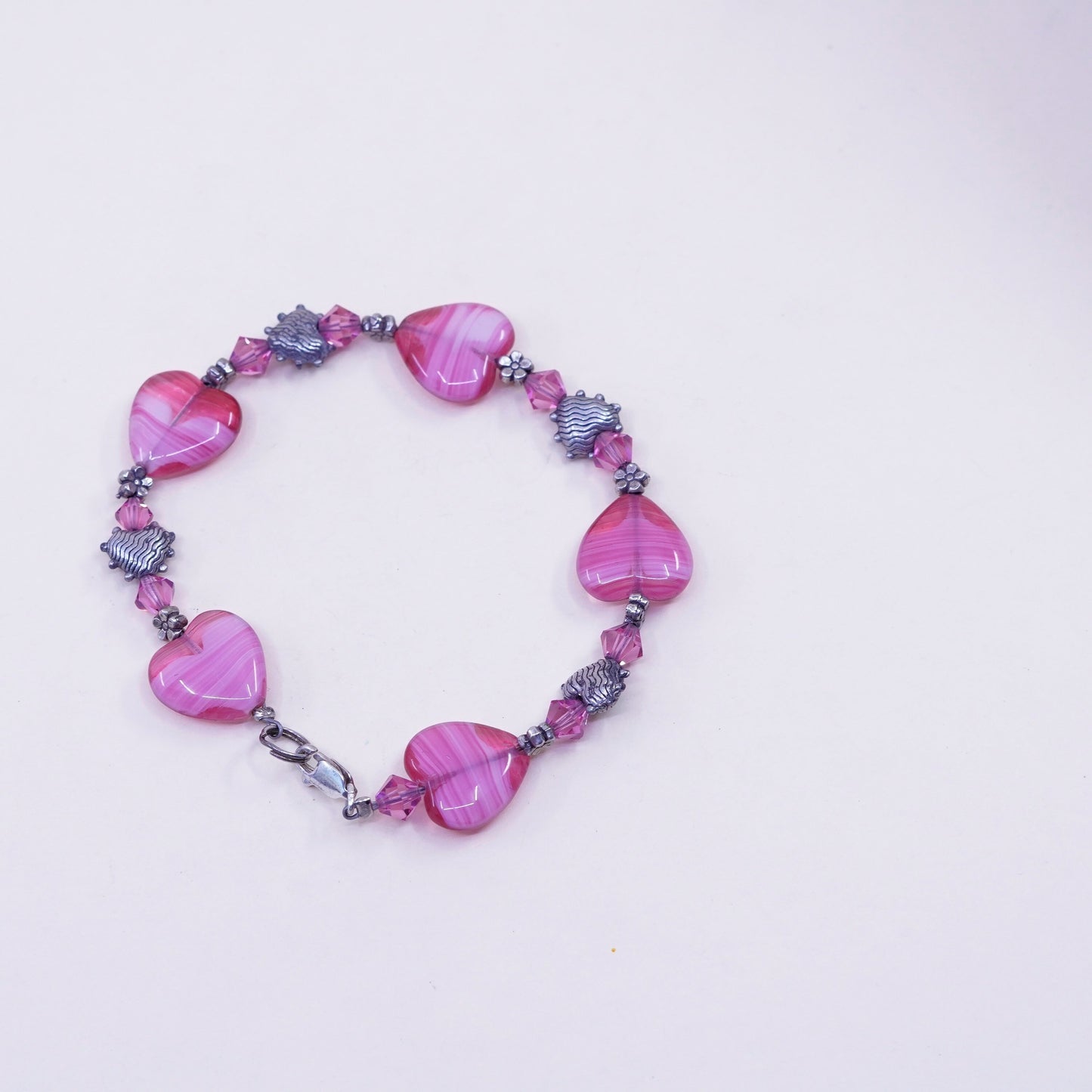 7.75”, vintage 925 Sterling silver beads bracelet w/ artisan pink glass heart