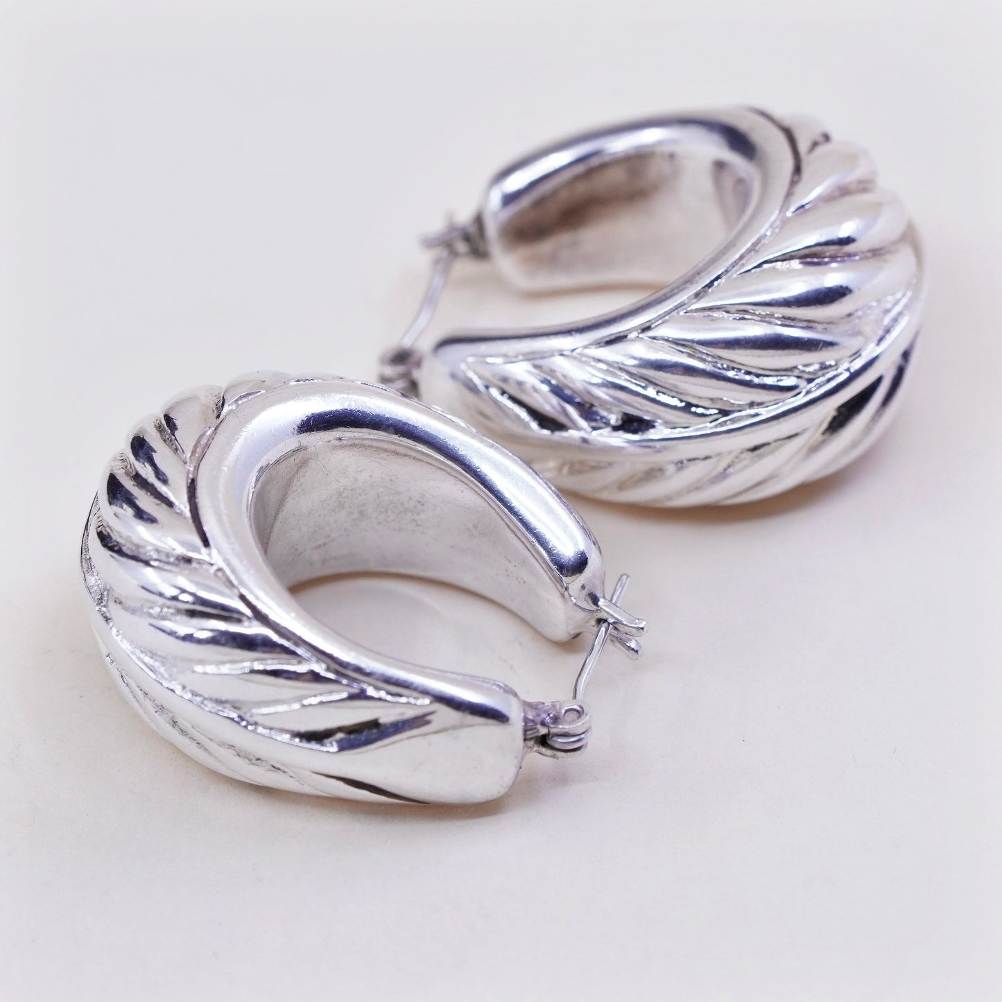 1.25” Sterling silver earrings, lightweight 925 Ribbed origami Huggie hoops