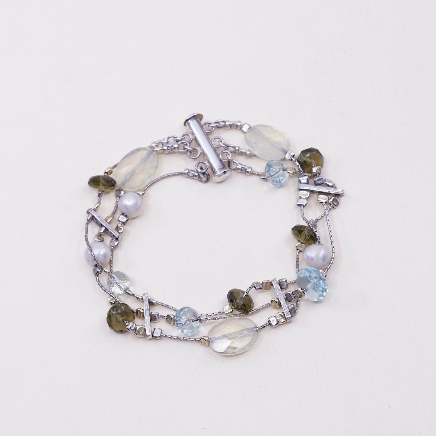 7”, Vintage Sterling 925 silver handmade bracelet, pearl with crystal topaz